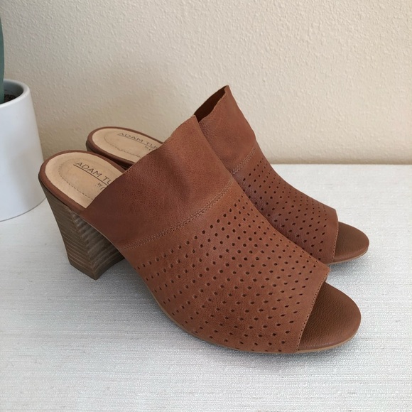 New Adam Tucker Mackey Cognac Laser Cut Leather Peep Toe Heeled Mules Woman’s 8M - Picture 5 of 13